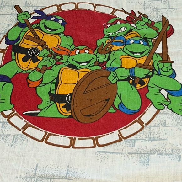 Vintage 1990 Twin Sheet Set Flat Fitted Pillowcase Teenage Mutant Ninja Turtles - Picture 1 of 10